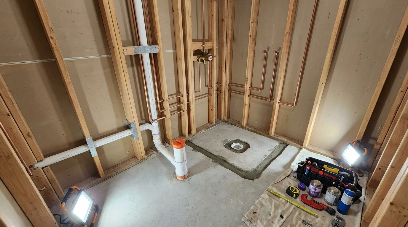 Bathroom rough-in plumbing during remodel by Johns Plumbing LLC in Bronxville