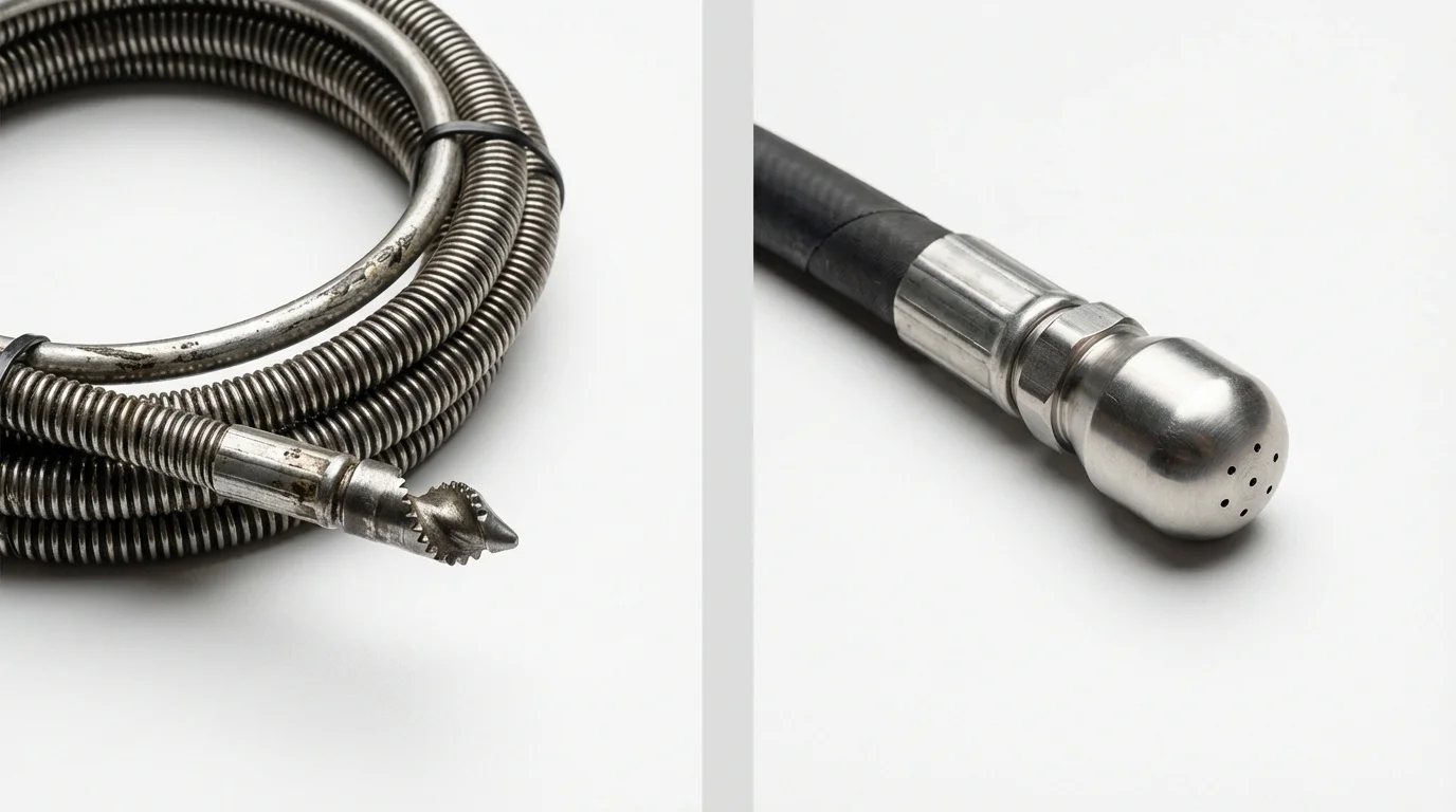 Drain snake cable and hydro jetting nozzle used for drain cleaning in Bronxville, NY