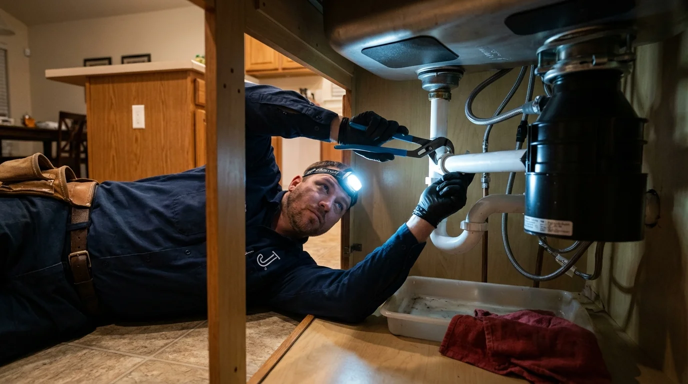 P-trap and supply line connections under a kitchen sink showing a common leak point in Bronxville, NY
